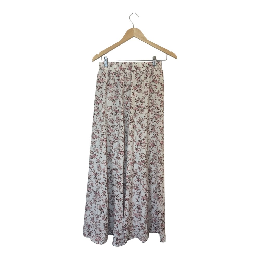 Floral Maxi Skirt Pink Cream Elastic Waist Flowy Cottagecore Size M
